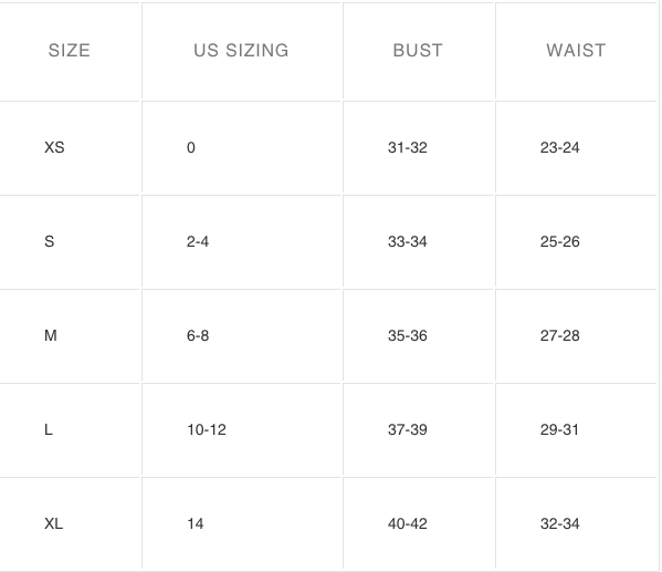 Size Chart for Chloe Trujillo Spirit Bodysuit